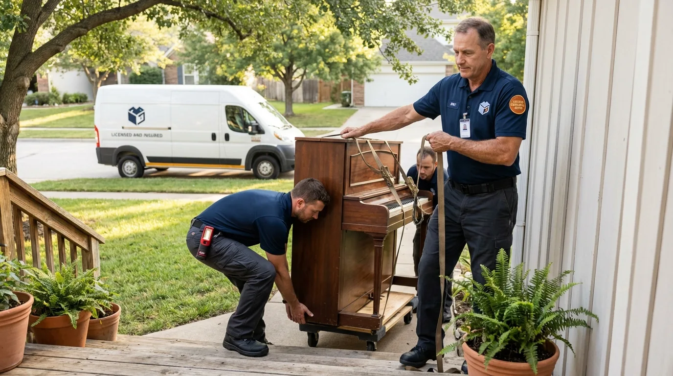 Licensed piano movers securing grand piano in Chester, VT