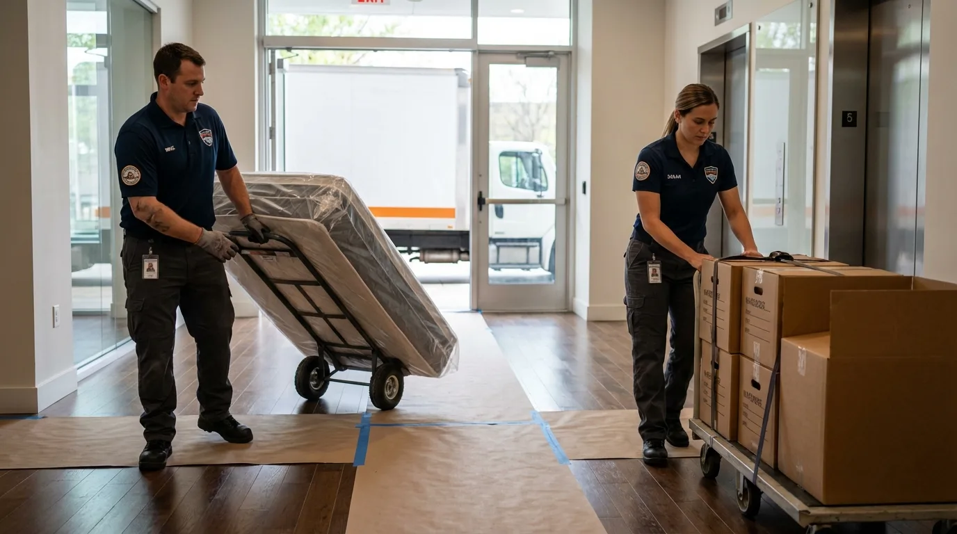 Professional apartment movers loading elevator in Chester, VT