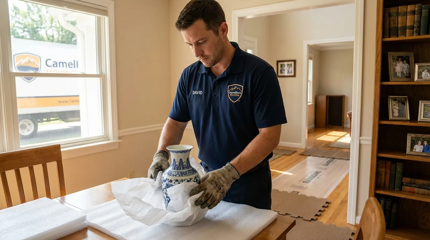 Professional crew carefully wrapping antique vase for senior downsizing move in Chester, VT
